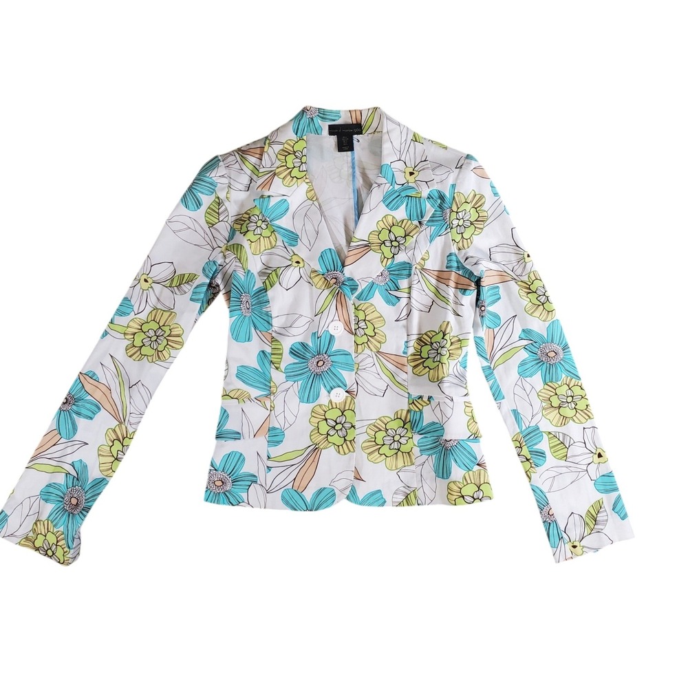 House of Harlow 1960 Floral Blazer Womens Large White Turquoise Lime Green Print